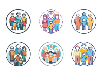 Fototapeta premium American Family Day Collection of Six Diverse Family Group Icon Illustrations in Circular Frames