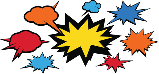 A vibrant collection of colorful comic book style explosion sound effect speech bubbles and starburst shapes in various sizes and bright hues