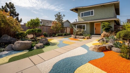 Obraz premium Colorful landscaped garden with patterned stones and modern house in bright daylight