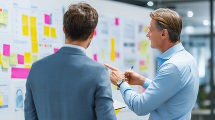 Brainstorming Session: Two men strategize in an office, using a whiteboard with sticky notes. Ideal for marketing, presentations, and corporate communications.