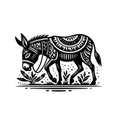 An ornate donkey walks through grass in a black and white illustration