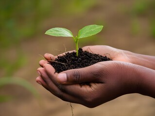 black hand holding a young plant as a symbol of protecting the earth