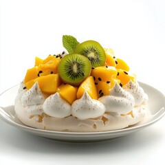 A modern, plated pavlova with crisp meringue, topped with fresh tropical fruits like passion fruit, 