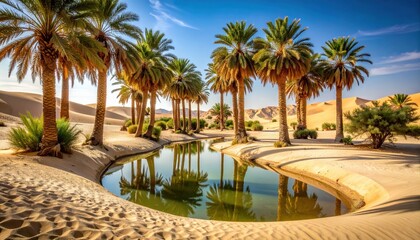 Oasis Reflection: Palm Trees Mirroring in Desert Pool, Sand Dunes Landscape