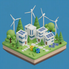 Modern Solar Panel Eco Town with Wind Turbines