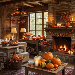 Cozy Autumn Cabin Interior with Fireplace and Pumpkins
