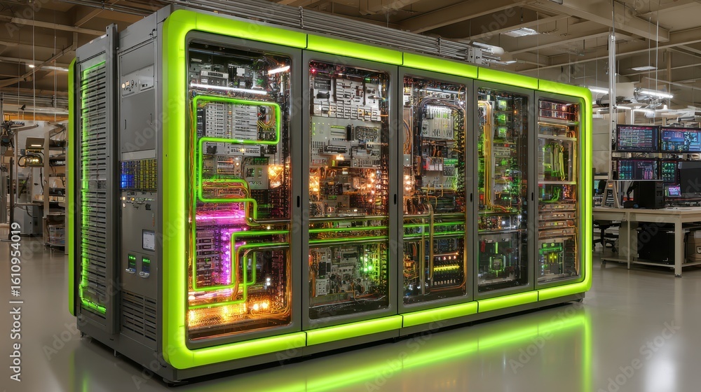 Poster server rack with neon green trim in data center, complex hardware inside. ideal for concepts like cl