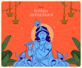 Shree Krishna Janamasthami lettering with lord vector illustration banner design template 