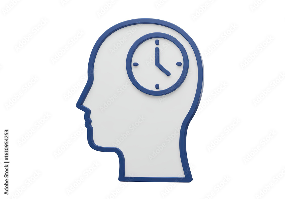 Poster isolated head profile with clock inside thinking time
