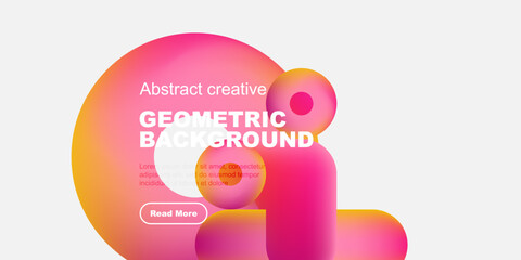 Abstract geometric background. Pink, purple gradients dominate design. Text overlay includes geometric background, read more button visible.