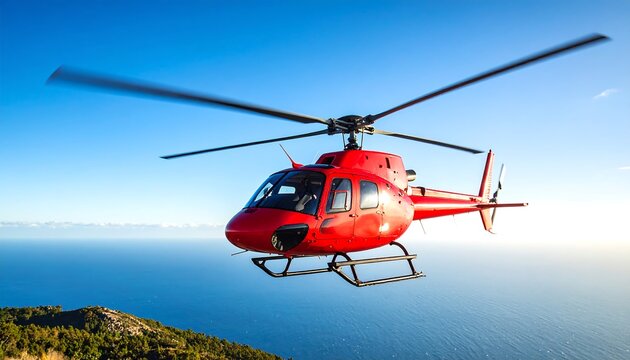 Red helicopter soaring over ocean and land