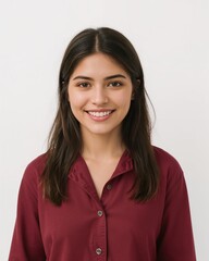 Fototapeta premium Southeast Asian teen girl wearing plain maroon blouse smiling happy portrait on plain white background