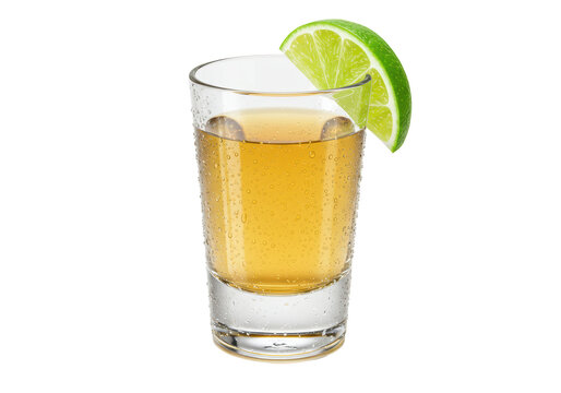 Isolated Shot Glass of Tequila with Lime Wedge