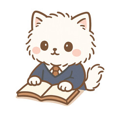 isolated transparent A cute cartoon of a dog wearing a school uniform, reading a book on White Background PNG die-cut for advertising, cute student dog cartoon reading book, Back to School Cartoon Pet