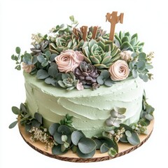 birthday cake with rough-edged buttercream frosting in shades of sage green and muted rose, decorated with fresh succulents
