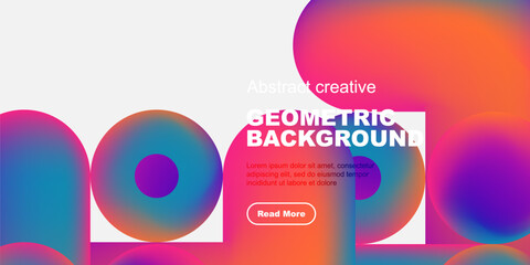Abstract geometric design features vibrant overlapping circles, text block, button. Modern, colorful composition suitable for digital media.