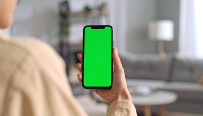 Woman's hand holds smartphone with green screen, blurred home background