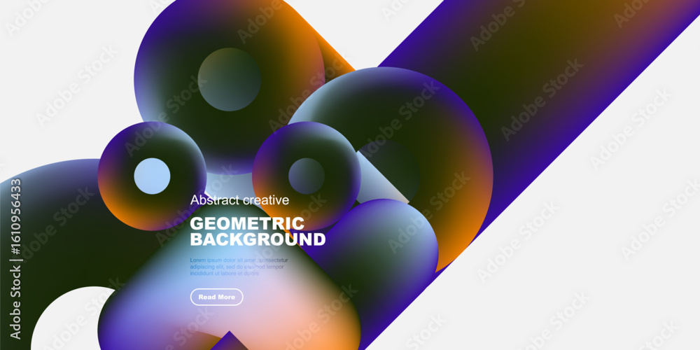 Poster vibrant abstract shapes overlap, creating dynamic composition. gradient colors blend, forming modern