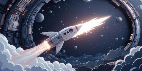  Futuristic Space Escape Papercut Rocket With Sharp Fins Soaring Away From a Futuristic Space Station With a Bright White Fire