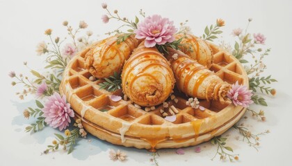  Botanical Chicken Waffle Edible Flowers, Herb Garnish, Natural Light, Organic Presentation, AI Artistry