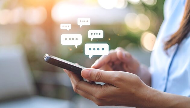 Woman's hands using a smartphone, with chat bubbles floating above