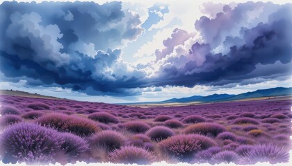  Watercolor Painting of a Dramatic Storm Approaching a Vibrant Purple Heather Moorland in Early Autumn