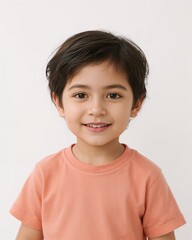 East Asian baby boy wearing plain pastel orange tshirt smiling happy portrait on plain white background
