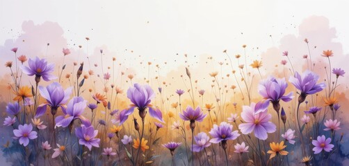  Dreamy Floral Field Relaxing Watercolor blend of purple and gold, perfect for a background that calms and delights the eye.
