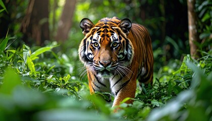 Obraz premium A majestic tiger strides through lush green forest foliage, focused and alert in its natural habitat.