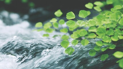 Lush green leaves overhanging a flowing stream Water cascades over rocks