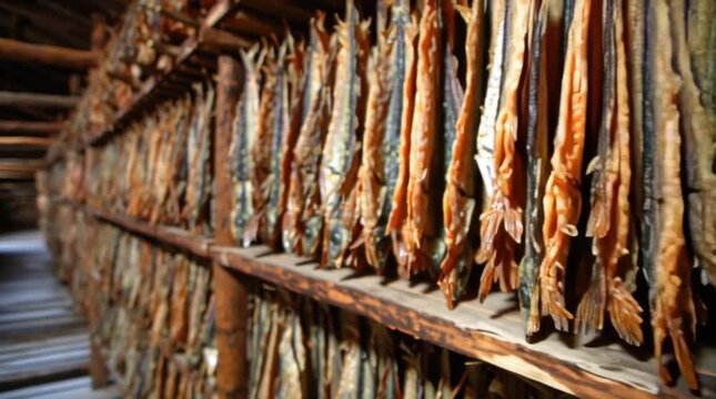Rows of drying fish hanging in a rustic wooden structure