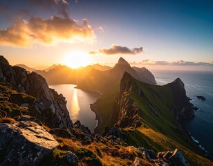 Naklejka premium Sunset Mountain Landscape with Golden Light and Reflective Lake