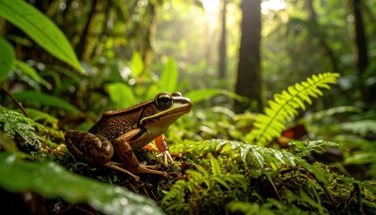 A close-up of a brown frog resting on lush green moss in a sunlit forest, surrounded by ferns and dense vegetation.