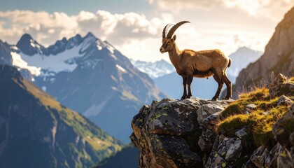 Obraz premium A mountain goat stands majestically on a rocky cliff overlooking a scenic valley with snow-capped peaks under a partly cloudy sky at sunset.