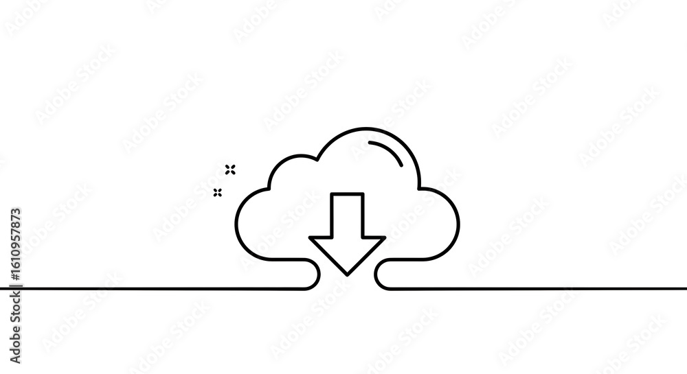 Poster minimalist cloud download icon in a continuous line art style. simple outline graphic symbol for dat
