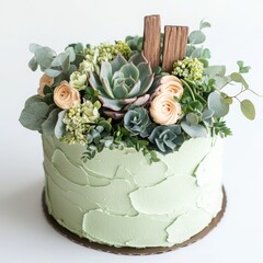 A nature-inspired birthday cake with rough-edged buttercream frosting in shades