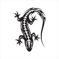 Tribal Lizard Tattoo, Stylized Salamander Silhouette with a Skeletal Spine, Black Vector Art.
