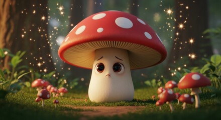 A sad, cartoon mushroom surrounded by smaller mushrooms in a magical forest.