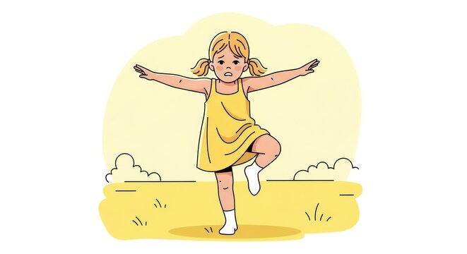 Wobbly Effort: Young Girl in Yellow Dress Concentrates on Balancing Outdoors