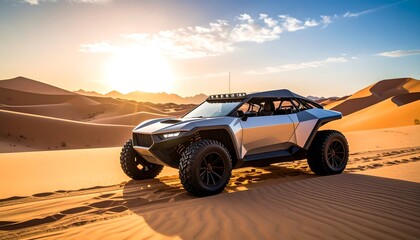 Futuristic off-road vehicle in desert at sunset