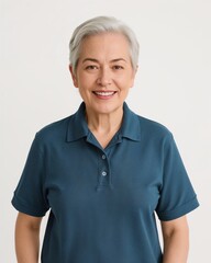 East Asian elderly woman wearing plain petrol blue polo shirt smiling happy portrait on plain white background
