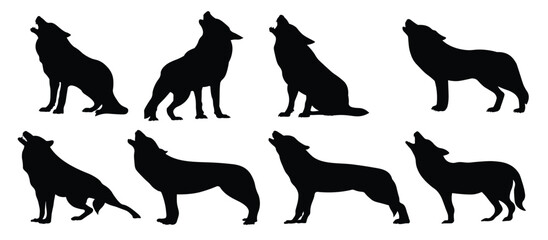 silhouettes of wolves coyotes and howling dogs isolated