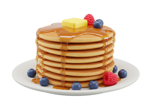 Isolated Stack of Pancakes with Berries and Syrup