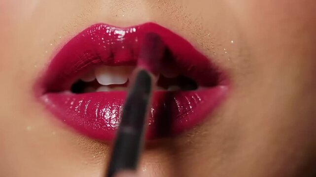 Close-up Woman applying dark red lipstick, close-up view, soft background, beauty tutorial