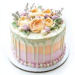 birthday cake with soft peach, mint, and lavender layers of fondant, a light drizzle of white chocolate ganache