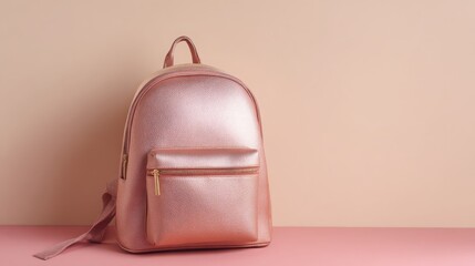 Stylish pink metallic backpack displayed on a pink surface with a neutral background perfect for modern fashion enthusiasts