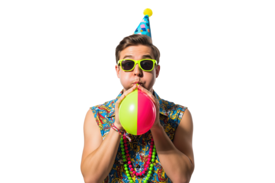 Man in a party hat and sunglasses blowing up a colorful balloon.