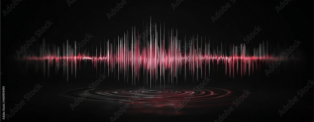 Poster sound wave visualization: a vibrant and dynamic sound wave pulses against a stark dark backdrop, its