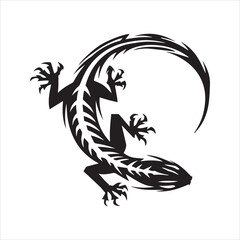 Tribal Lizard Tattoo, Stylized Salamander Silhouette with a Skeletal Spine, Black Vector Art.
