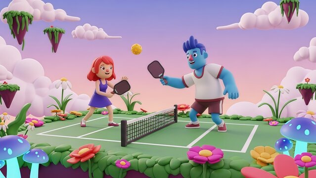 Pickleball Fun in a Whimsical 3D Cartoon Setting